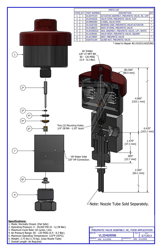 PNEUMATIC VALVE ASSEMBLY, NORMALLY CLOSED, FOOD APPLICATION