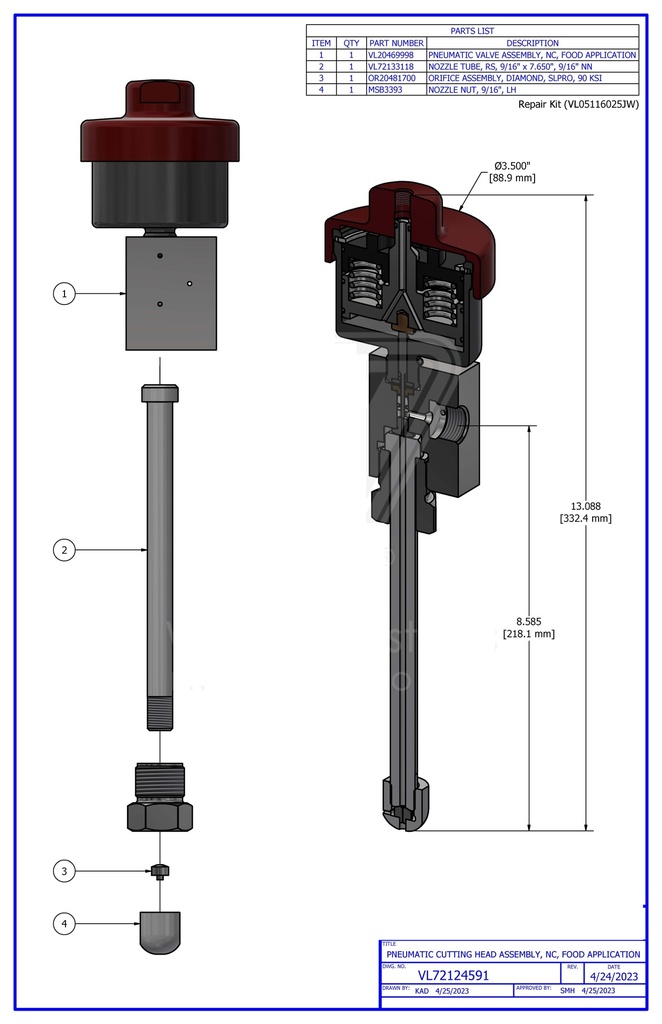 PNEUMATIC VALVE ASSEMBLY, NORMALLY CLOSED, FOOD APPLICATION